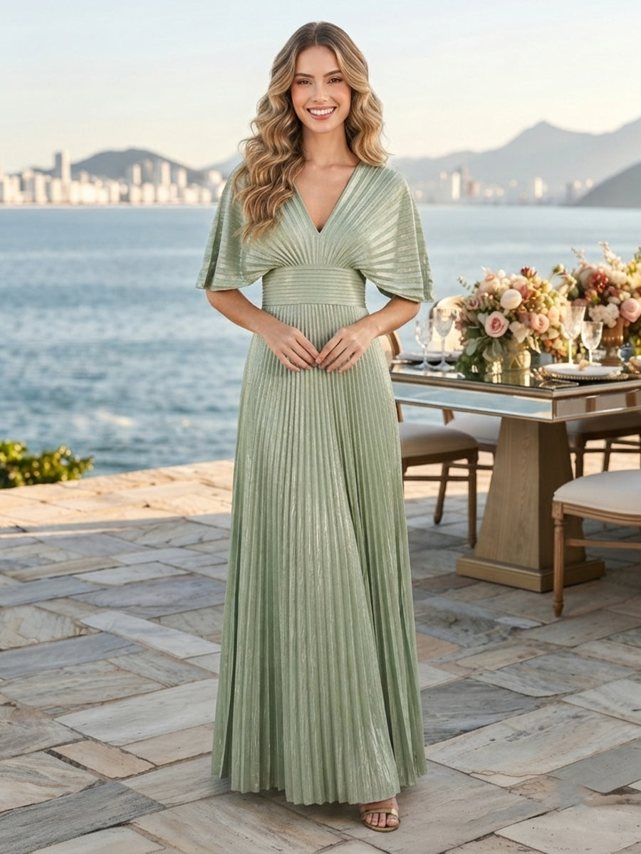 Chiffon V Neck Short Sleeves Pleated A Line Long Wedding Guest Dresses