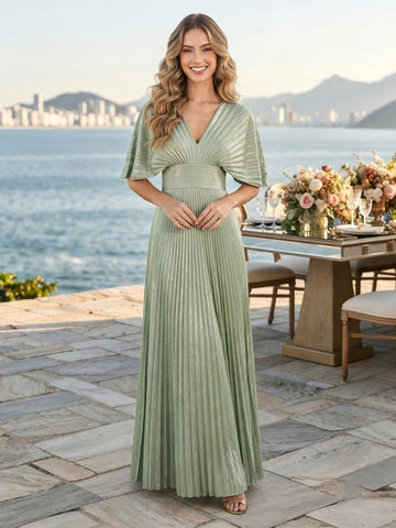 Chiffon V Neck Short Sleeves Pleated A Line Long Wedding Guest Dresses