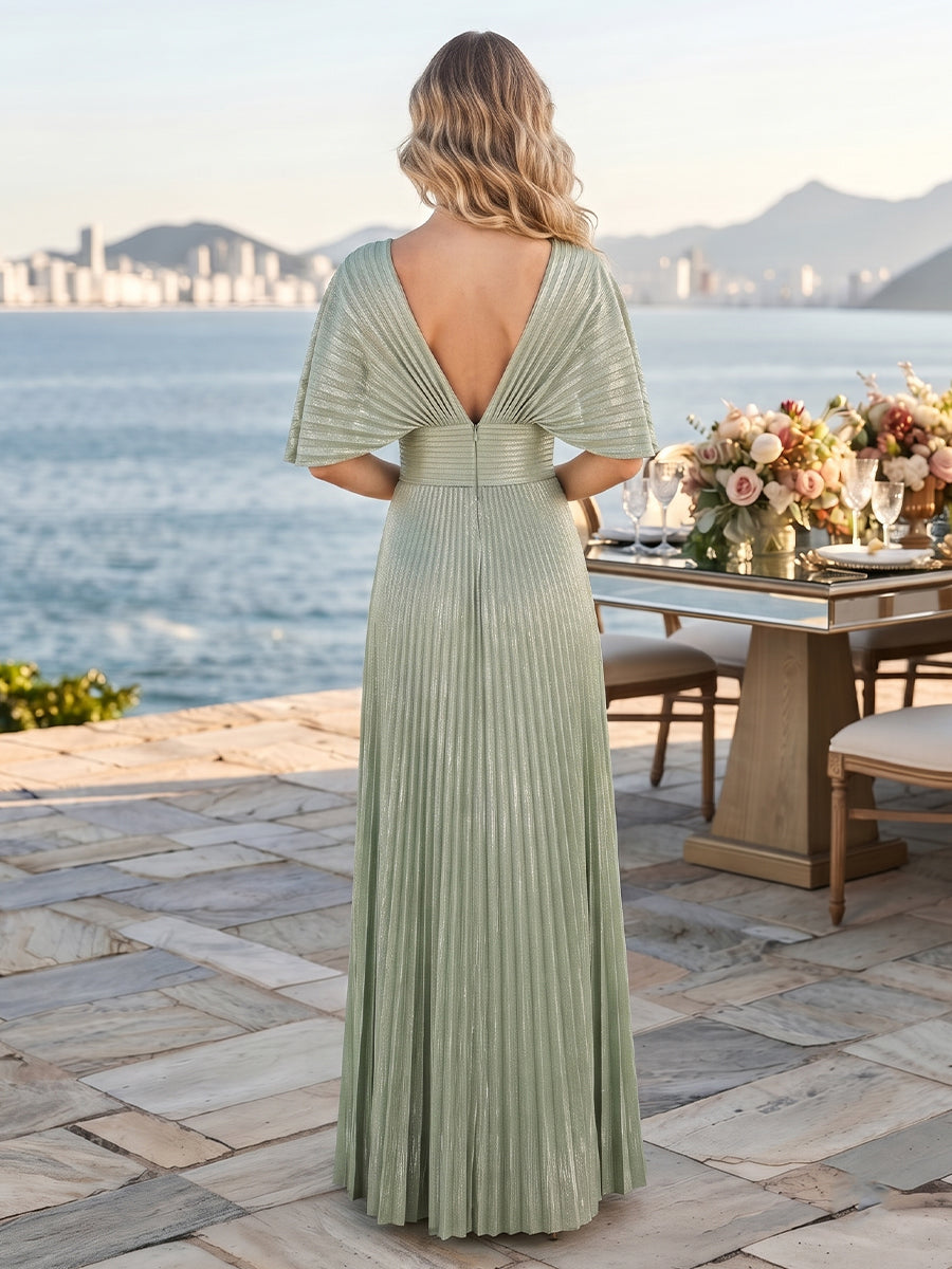 Chiffon V Neck Short Sleeves Pleated A Line Long Wedding Guest Dresses