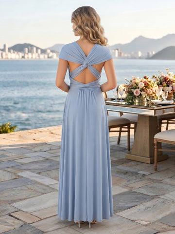Chiffon A Line Cap Sleeves Long Wedding Guest Dresses