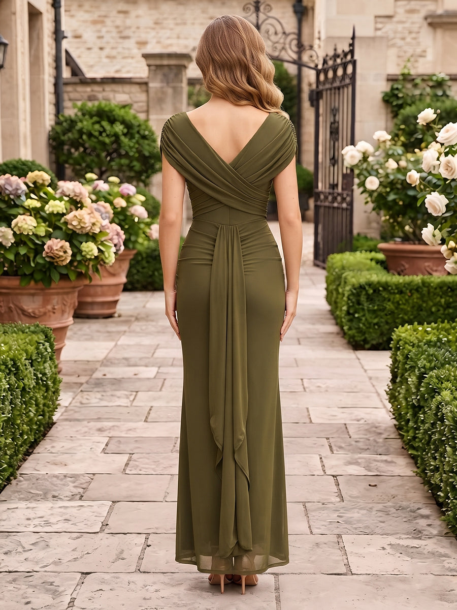 Chiffon Cap Sleeves Cowl Neck Mermaid Wedding Guest Dresses