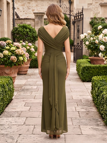 Chiffon Cap Sleeves Cowl Neck Mermaid Wedding Guest Dresses