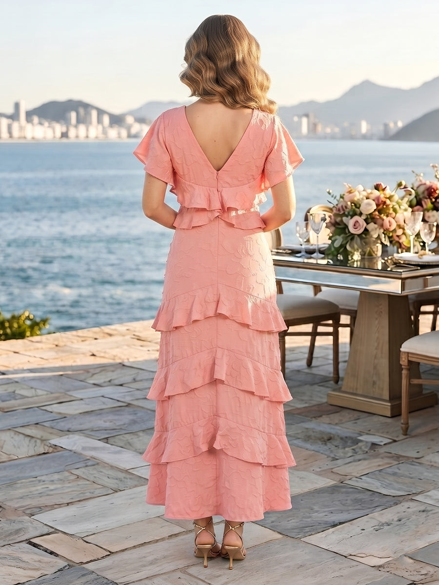 Jacquard V Neck Short Sleeves Tiered Ruffles Wedding Guest Dresses