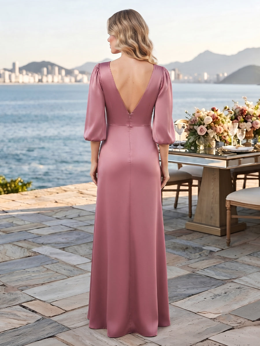 Satin A Line V Neck Long Sleeves Long Wedding Guest Dresses