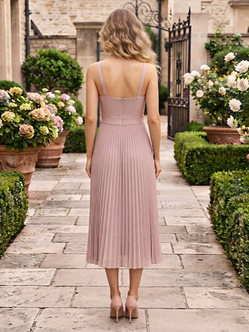 Chiffon Square Neck A Line Spaghetti Straps Tea Wedding Guest Dresses