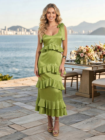 Jacquard Tiered Ruffles A Line Sleeveless Long Wedding Guest Dresses