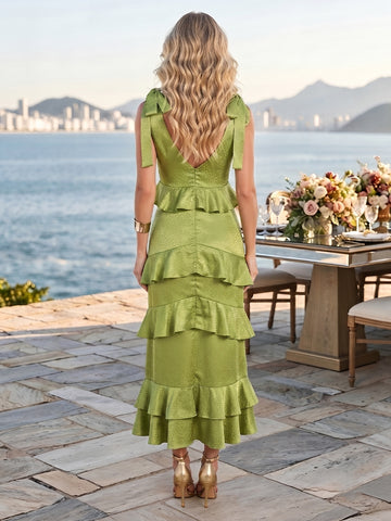 Jacquard Tiered Ruffles A Line Sleeveless Long Wedding Guest Dresses