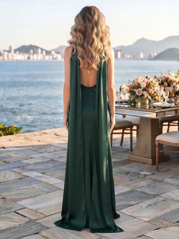 Satin Strapless Sleeveless A Line Long Wedding Guest Dresses with Scarf