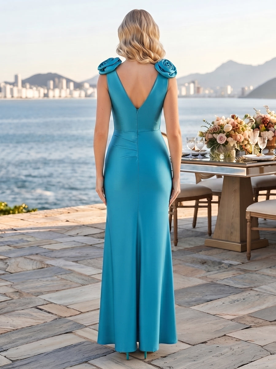 Satin V Neck Spaghetti Straps Mermaid A Line Wedding Guest Dresses