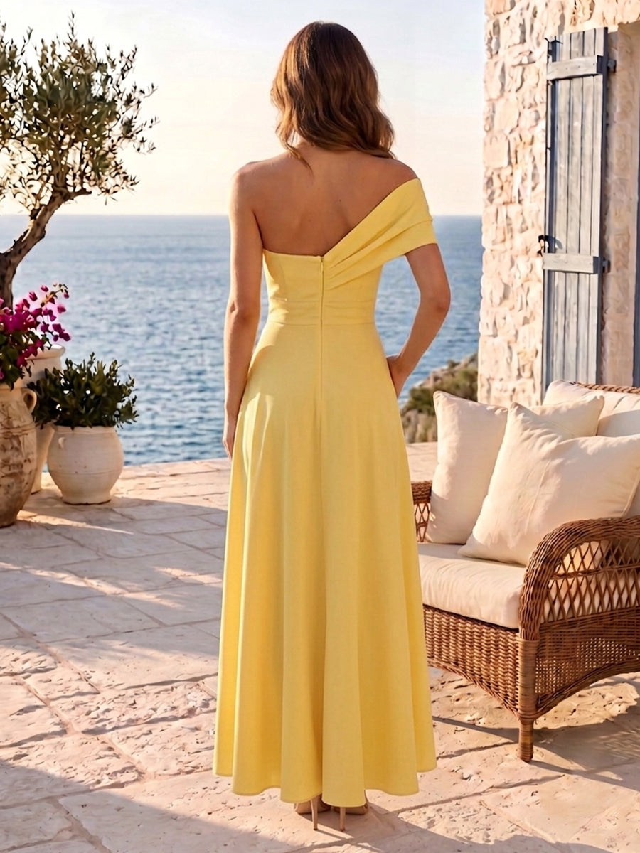 Satin A Line One Shoulder Sleeveless Pleated Ankle Length Wedding Guest Dresses