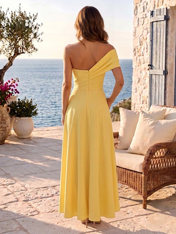 Satin A Line One Shoulder Sleeveless Pleated Ankle Length Wedding Guest Dresses