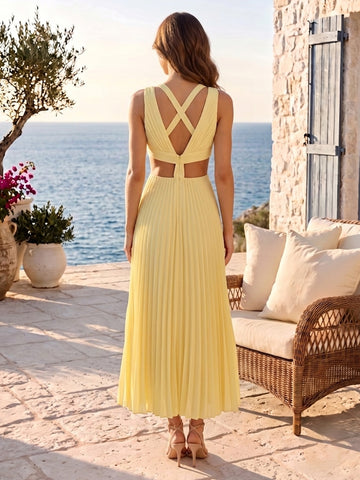 Pleated Chiffon A Line V Neck Sleeveless Ankle Length Wedding Guest Dresses