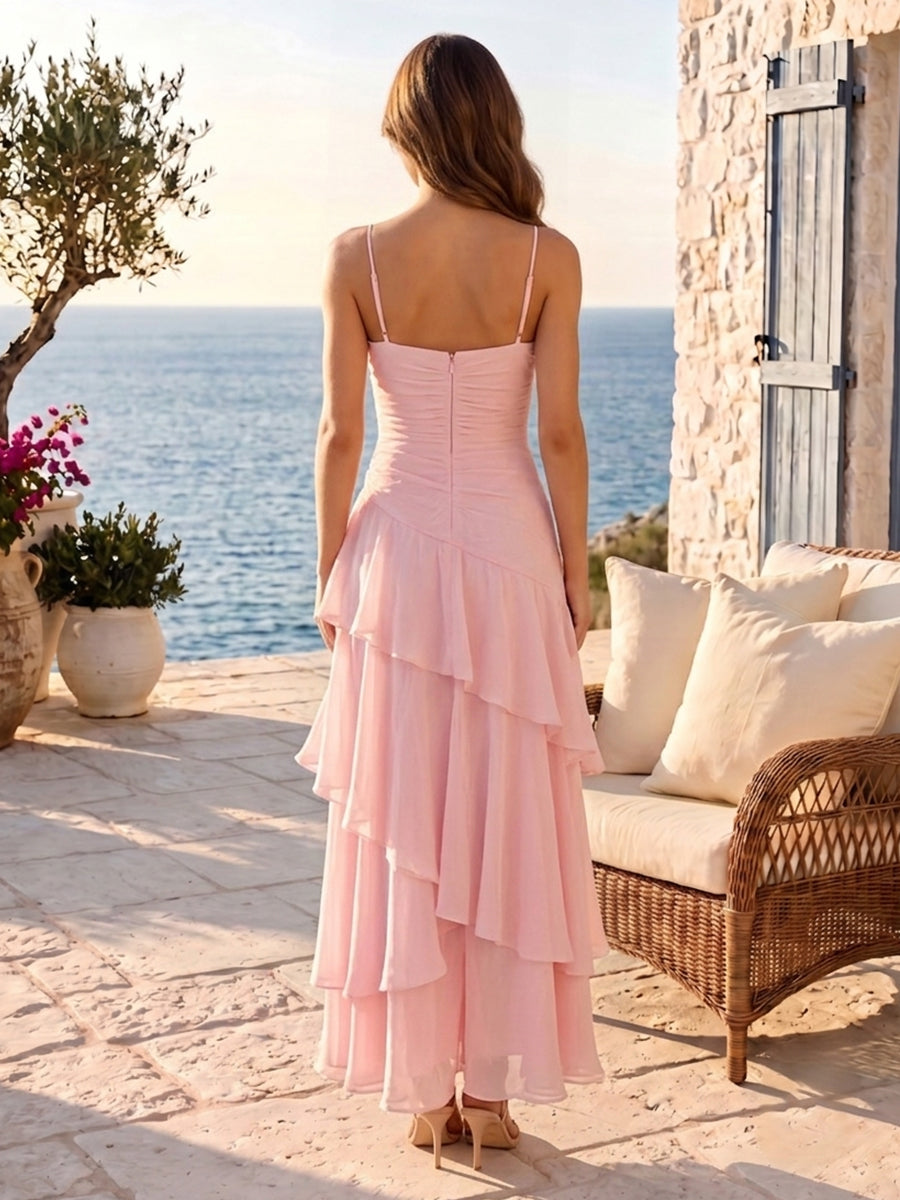 Pleated Chiffon A Line Strapless Sleeveless Tiered Ruffles Ankle Length Wedding Guest Dresses