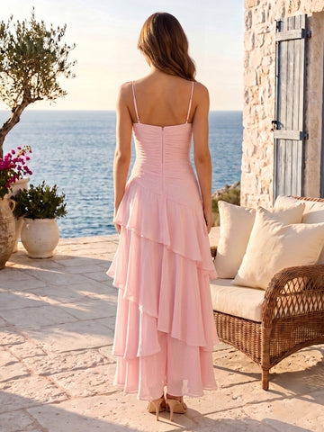 Pleated Chiffon A Line Strapless Sleeveless Tiered Ruffles Ankle Length Wedding Guest Dresses