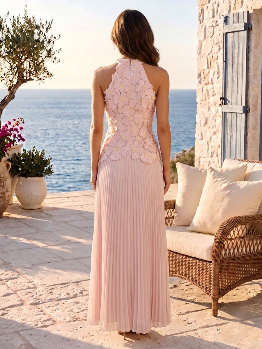 Chiffon 3D Floral Pleated  High Neck Sleeveless Ankle Length Wedding Guest Dresses