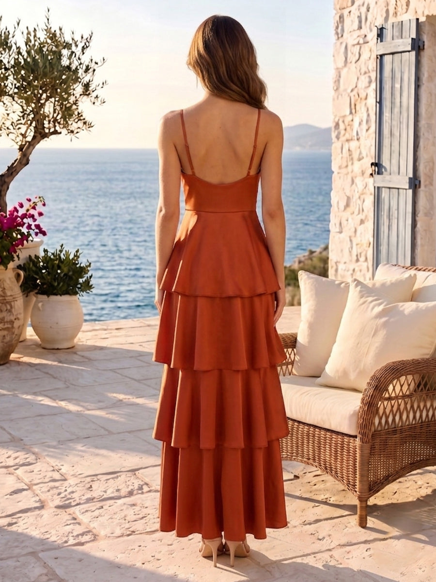 Satin A Line V Neck Tiered Ruffles Wedding Guest Dresses