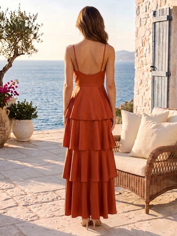 Satin A Line V Neck Tiered Ruffles Wedding Guest Dresses