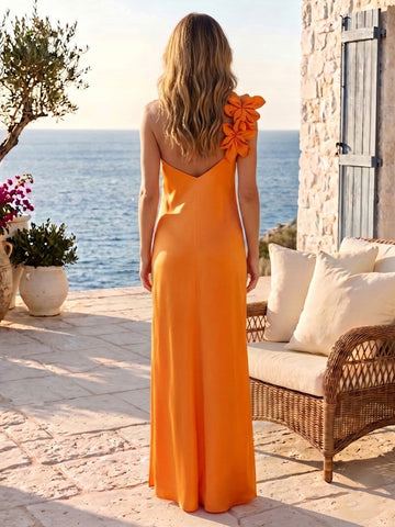 Satin A Line One Shoulder Sleeveless Ankle Length Wedding Guest Dresses with Slit
