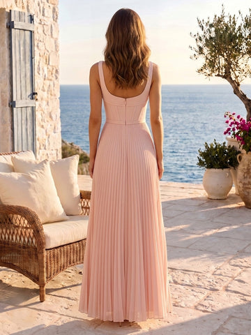 Pleated Chiffon A Line Square Neck Sleeveless Floor Length Wedding Guest Dresses with Slit