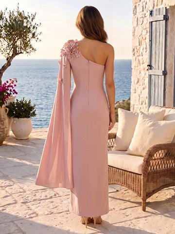 3D Flower Satin Column One Shoulder Wedding Guest Dresses