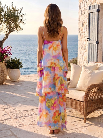 Floral Print Chiffon A Line Tiered Square Neck Floor Length Wedding Guest Dresses