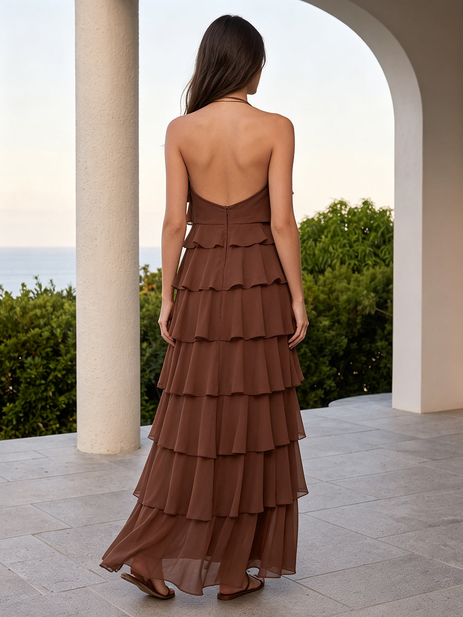 Chiffon Wedding Guest Dresses A Line Sleeveless Long Tiered Halter Formal Dresses
