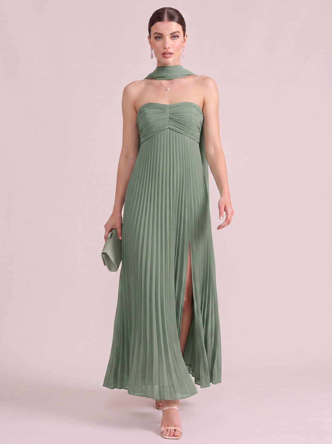 Chiffon Wedding Guest Dresses Eucalyptus A Line Sleeveless Long Pleated Strapless 2026