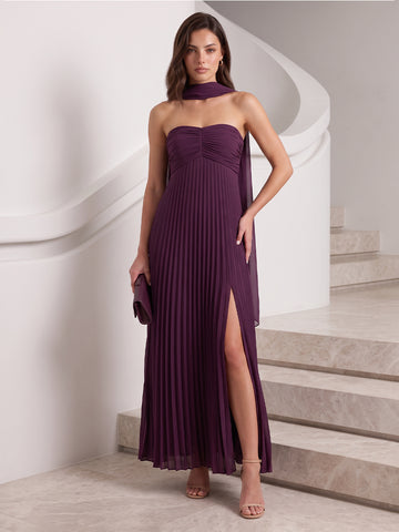 Chiffon Wedding Guest Dresses Plum A Line Sleeveless Long Pleated Strapless 2026