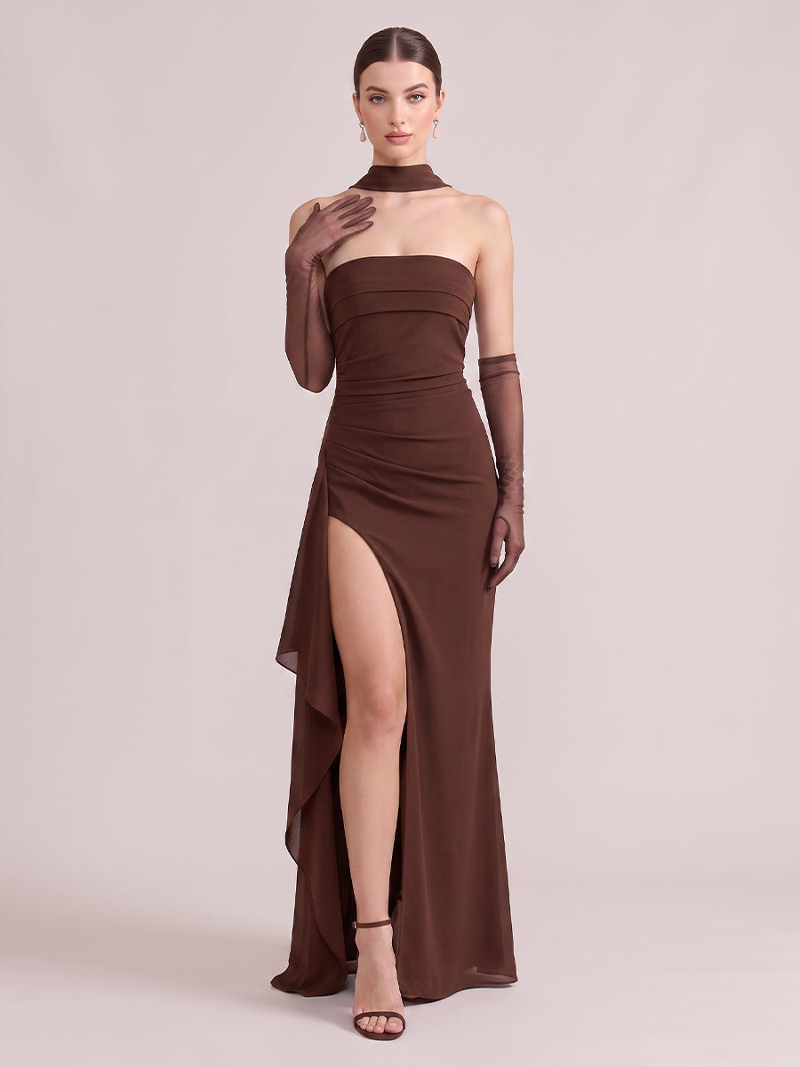Mermaid Wedding Guest Dresses Strapless Chiffon Sleeveless Long Brown 2026