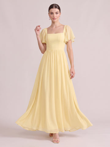 A Line Wedding Guest Dresses Square Neck Chiffon Short Sleeves Yellow 2026