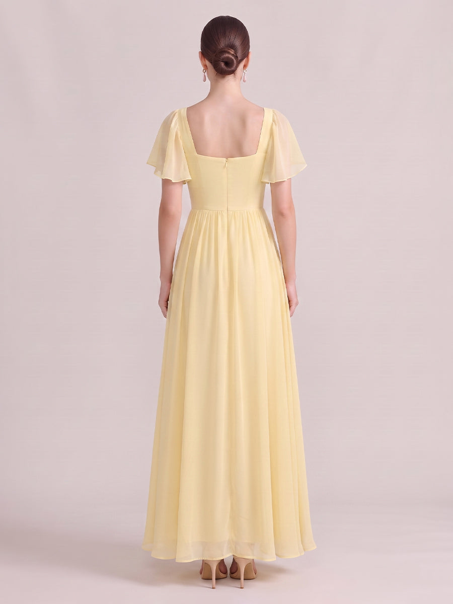 A Line Wedding Guest Dresses Square Neck Chiffon Short Sleeves Yellow 2026