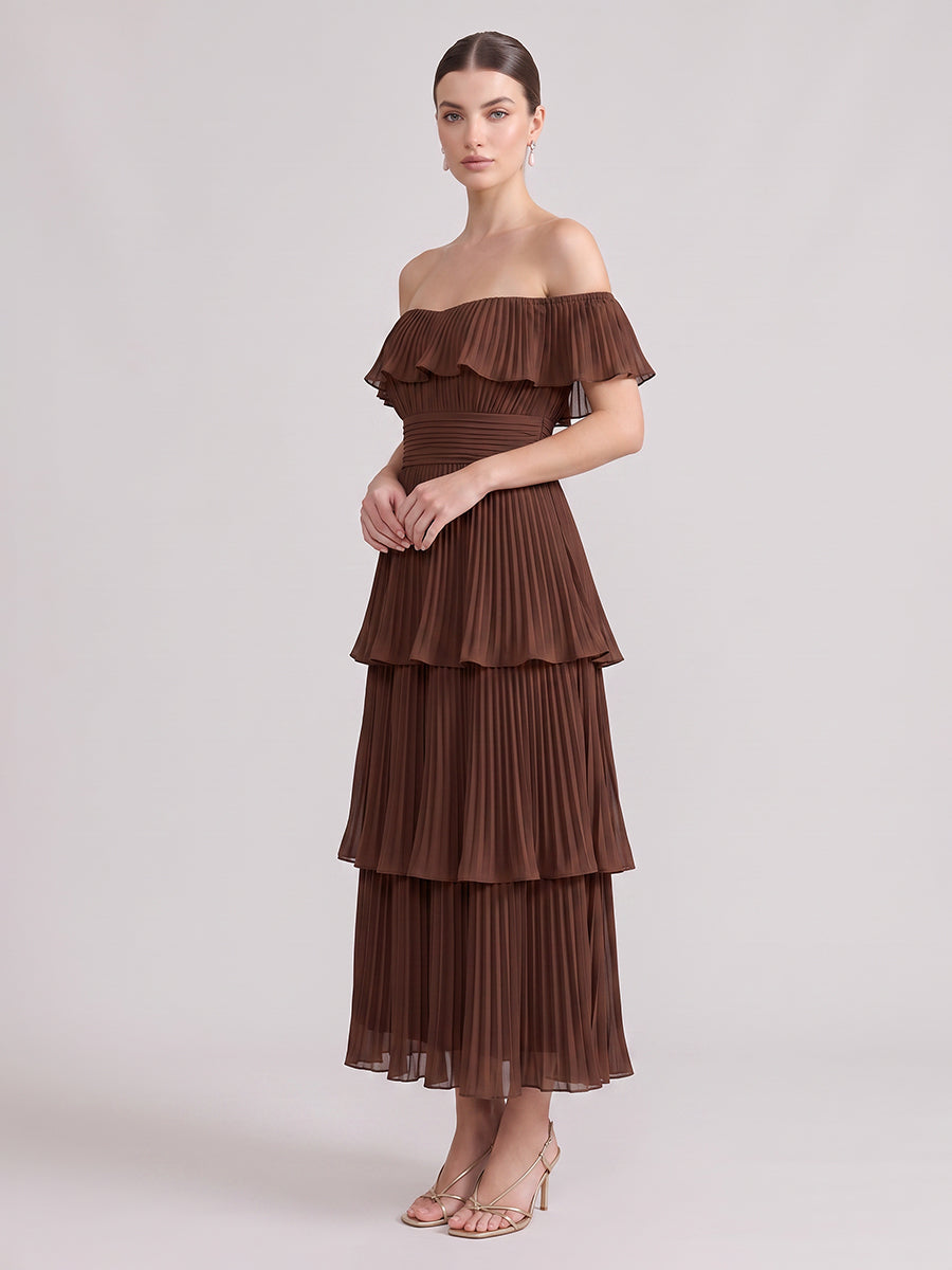 A Line Wedding Guest Dresses Off the Shoulder Chiffon Sleeveless Long Brown 2026