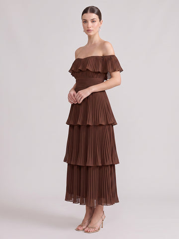 A Line Wedding Guest Dresses Off the Shoulder Chiffon Sleeveless Long Brown 2026