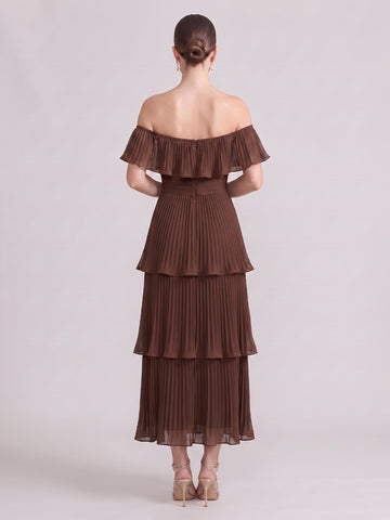 A Line Wedding Guest Dresses Off the Shoulder Chiffon Sleeveless Long Brown 2026