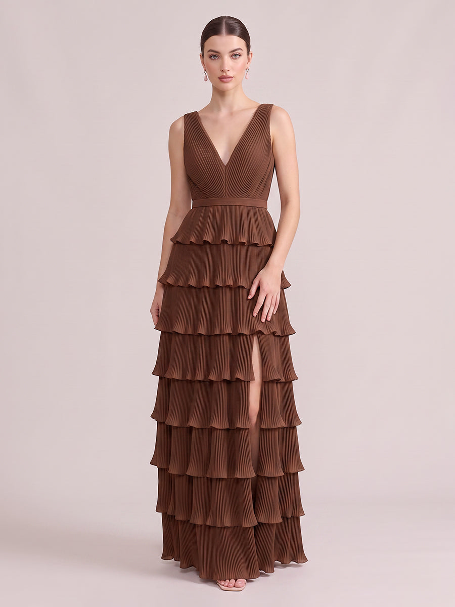 A Line Wedding Guest Dresses V Neck Chiffon Sleeveless Long Brown 2026