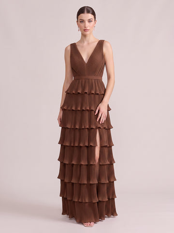 A Line Wedding Guest Dresses V Neck Chiffon Sleeveless Long Brown 2026