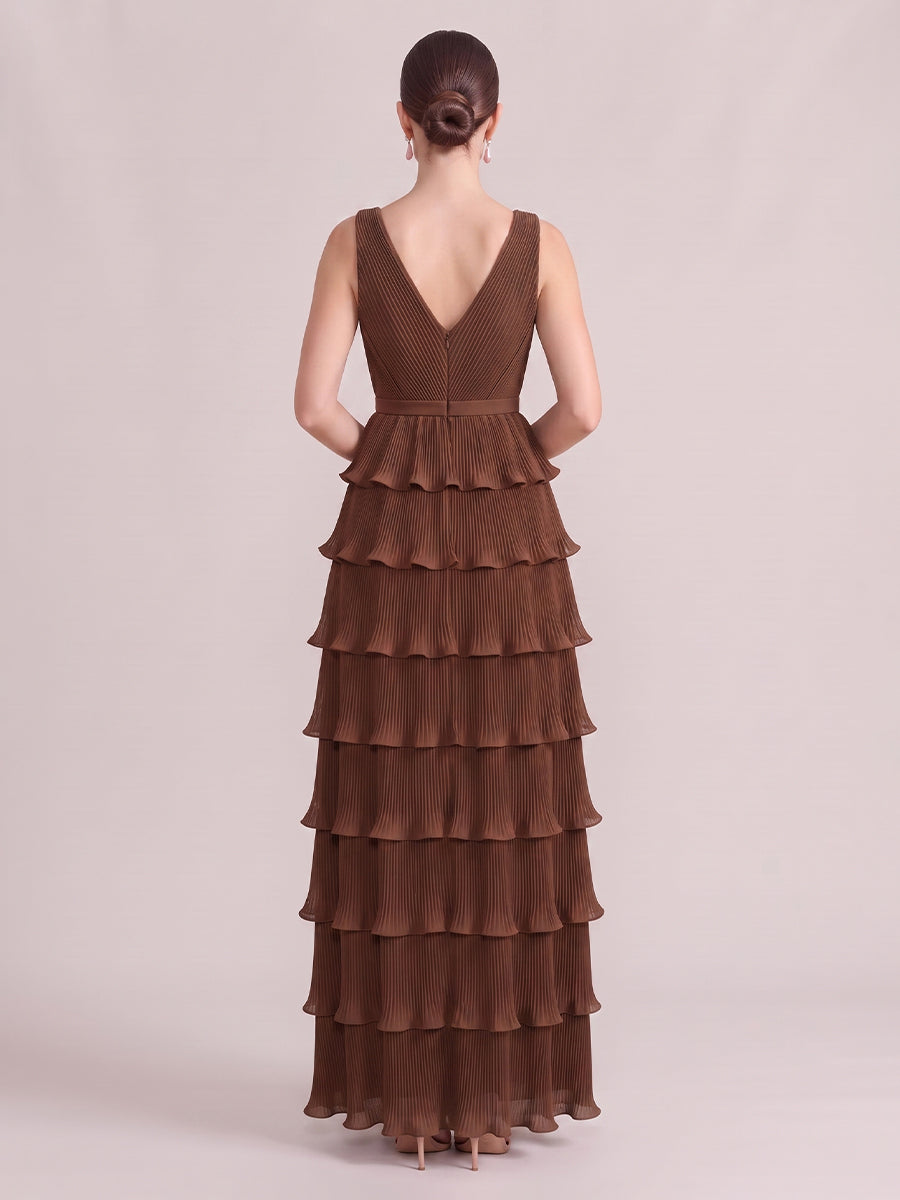 A Line Wedding Guest Dresses V Neck Chiffon Sleeveless Long Brown 2026