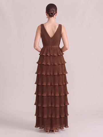 A Line Wedding Guest Dresses V Neck Chiffon Sleeveless Long Brown 2026