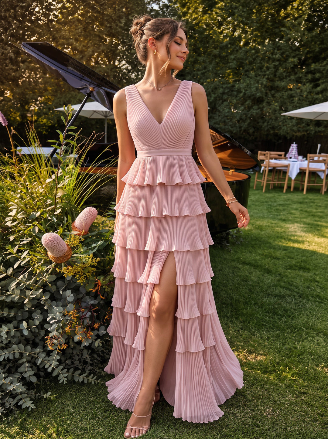 A Line Wedding Guest Dresses V Neck Chiffon Sleeveless Long Brown 2026