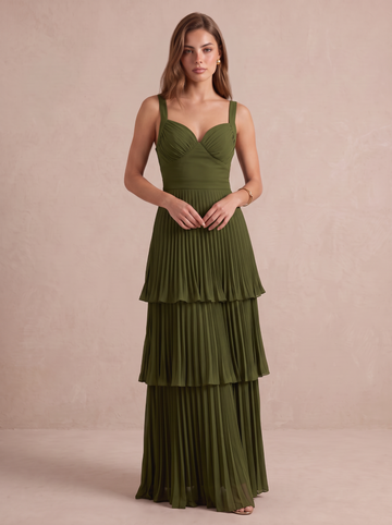 A Line Wedding Guest Dresses Sweetheart Chiffon Sleeveless Long Olive Green Formal Dresses