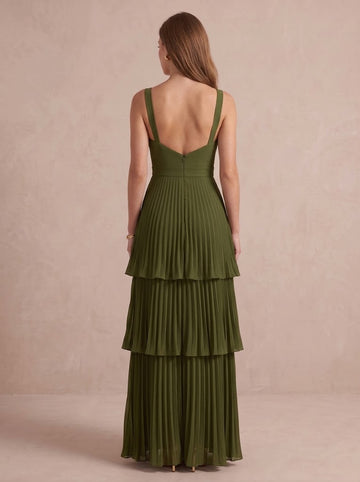 A Line Wedding Guest Dresses Sweetheart Chiffon Sleeveless Long Olive Green Formal Dresses
