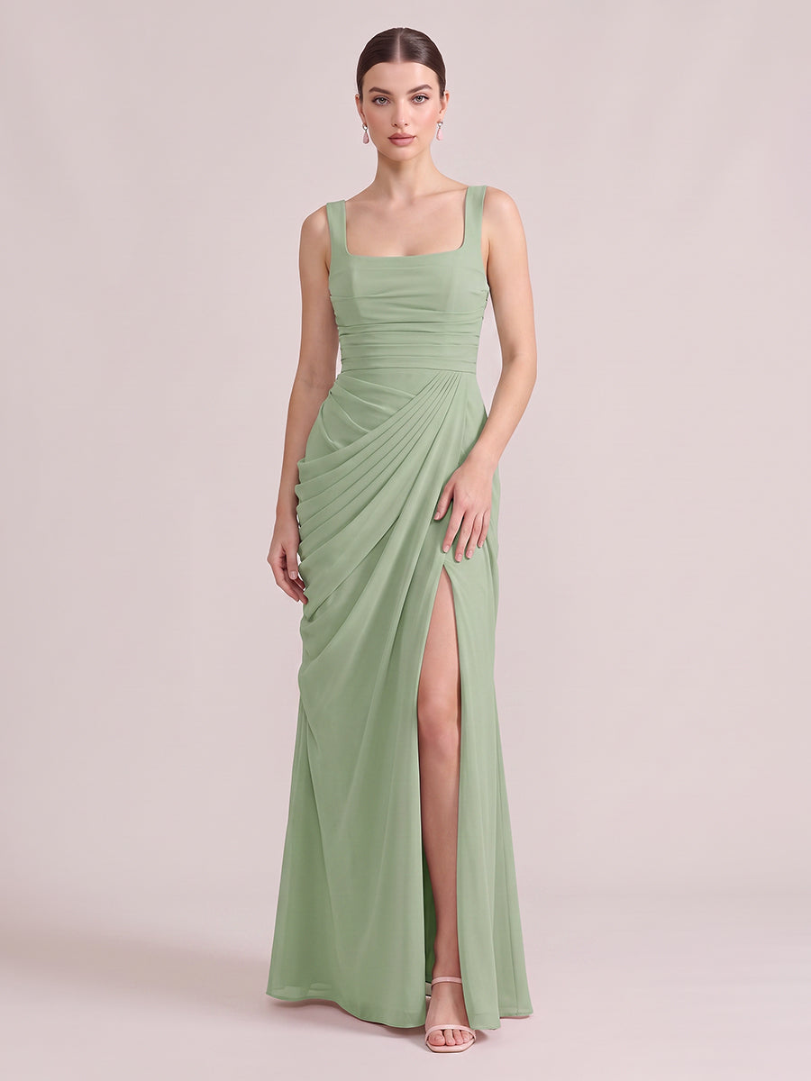 Mermaid Wedding Guest Dresses Square Neck Chiffon Sleeveless Long Dusty Sage 2026