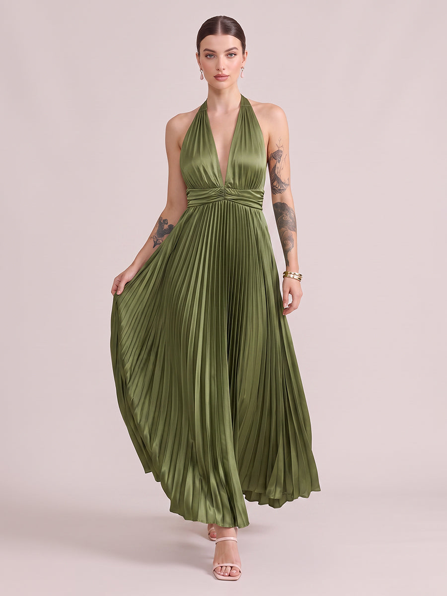 A Line Wedding Guest Dresses Halter Chiffon Sleeveless Long Olive Green 2026
