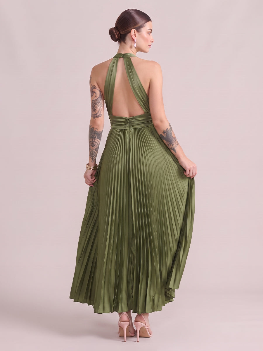 A Line Wedding Guest Dresses Halter Chiffon Sleeveless Long Olive Green 2026
