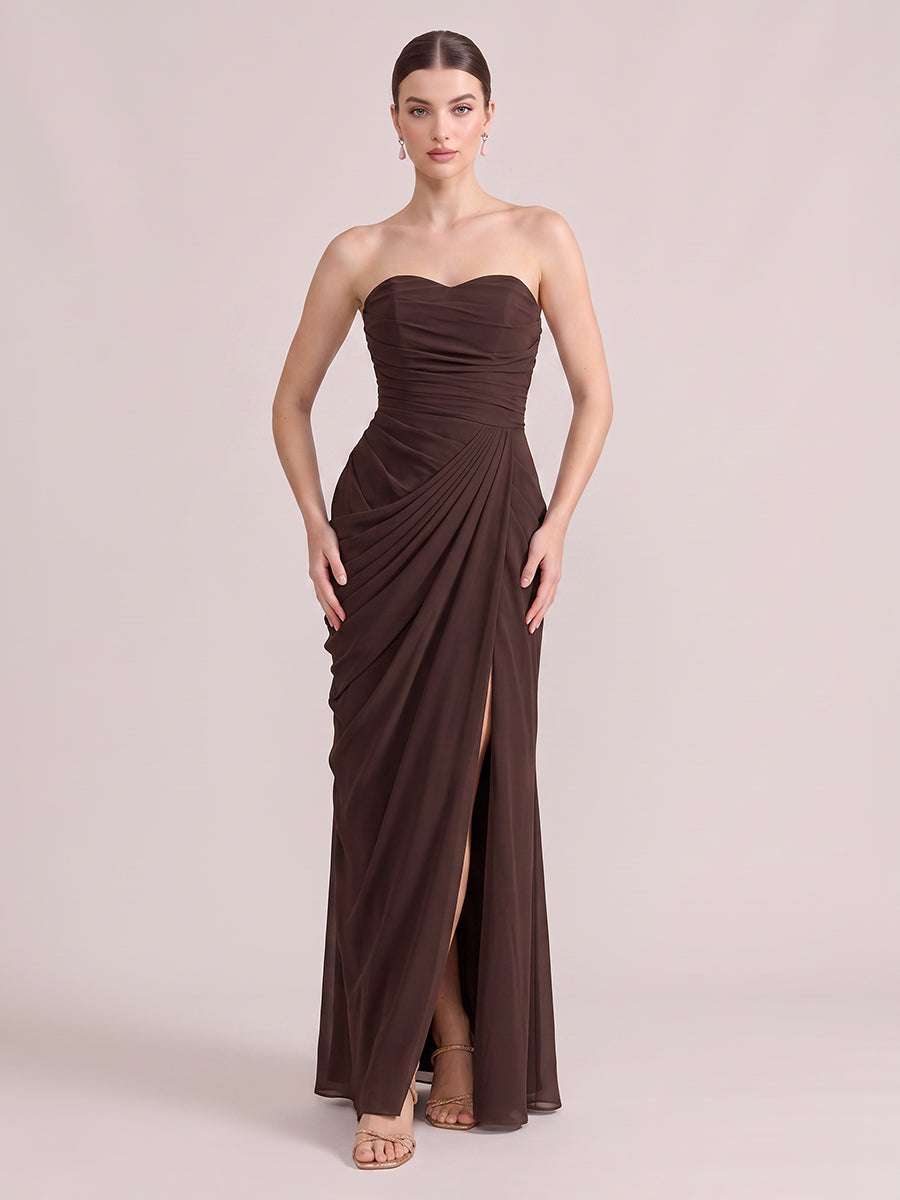 Mermaid Wedding Guest Dresses Strapless Chiffon Sleeveless Long Brown 2026
