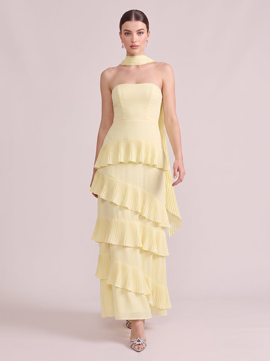 A Line Wedding Guest Dresses Strapless Tiered Chiffon Sleeveless Long Yellow 2026