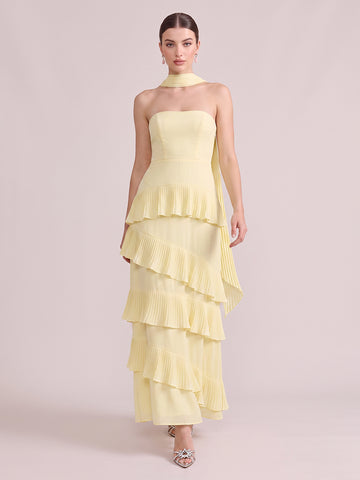 A Line Wedding Guest Dresses Strapless Tiered Chiffon Sleeveless Long Yellow 2026