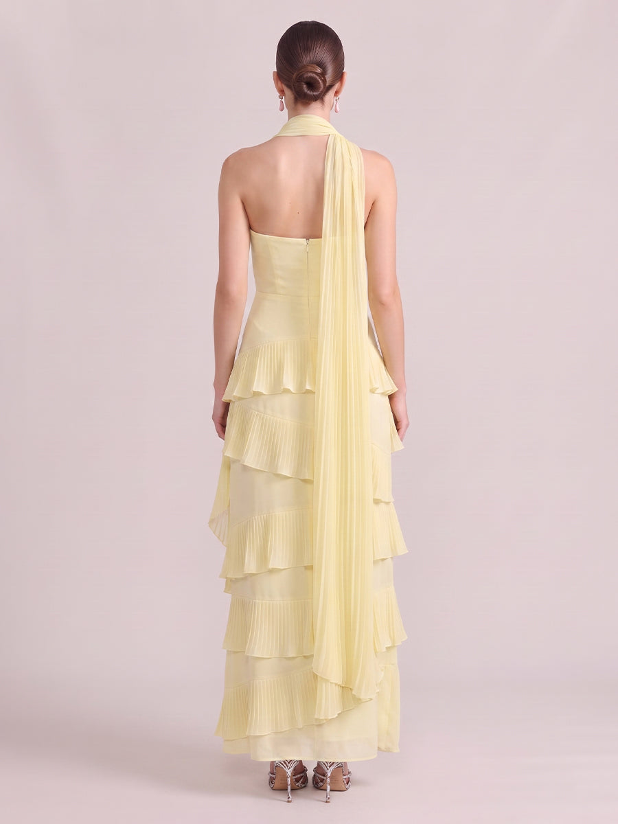 A Line Wedding Guest Dresses Strapless Tiered Chiffon Sleeveless Long Yellow 2026
