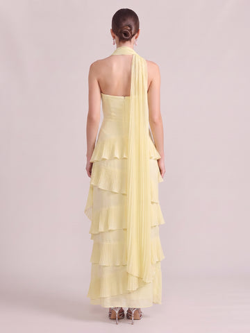A Line Wedding Guest Dresses Strapless Tiered Chiffon Sleeveless Long Yellow 2026