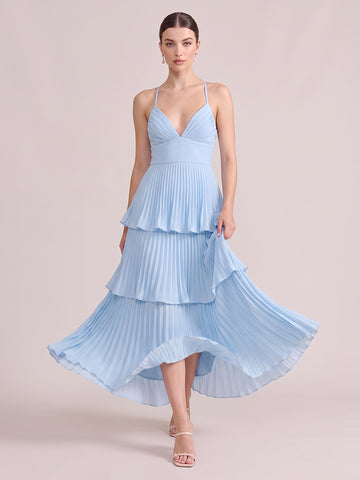 A Line Wedding Guest Dresses V Neck Tiered Chiffon Sleeveless Long Sky Blue 2026